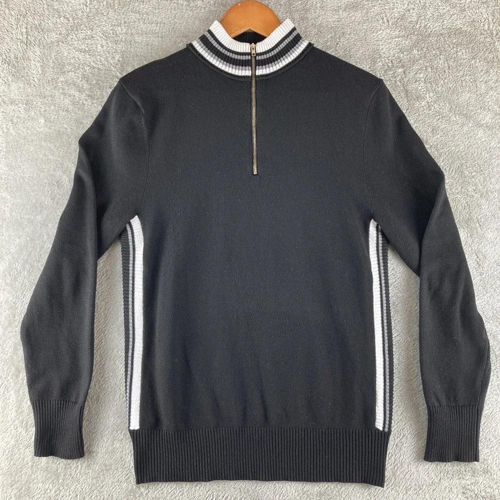 Coofandy Sweater Men's Medium 1/4 Zip Pull Over Slim Fit Black w/‎ White Stripes